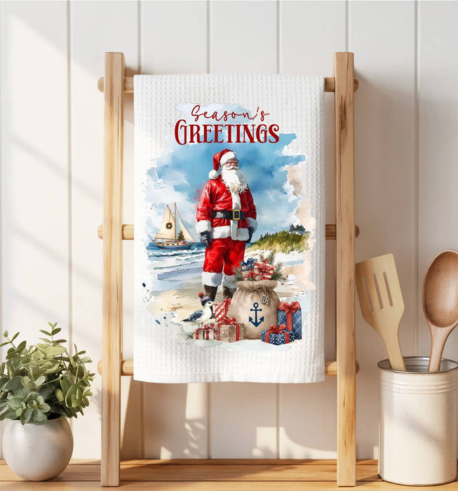 Coastal Christmas Santa on beach Waffle Weave Towel