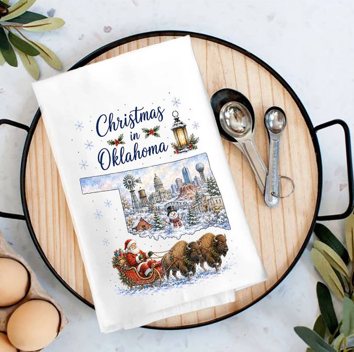 Christmas in Oklahoma State Map Tea Towel