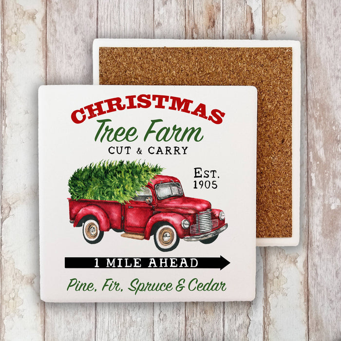 Christmas Trees Farm Red Pick Up Truck Stone Coaster