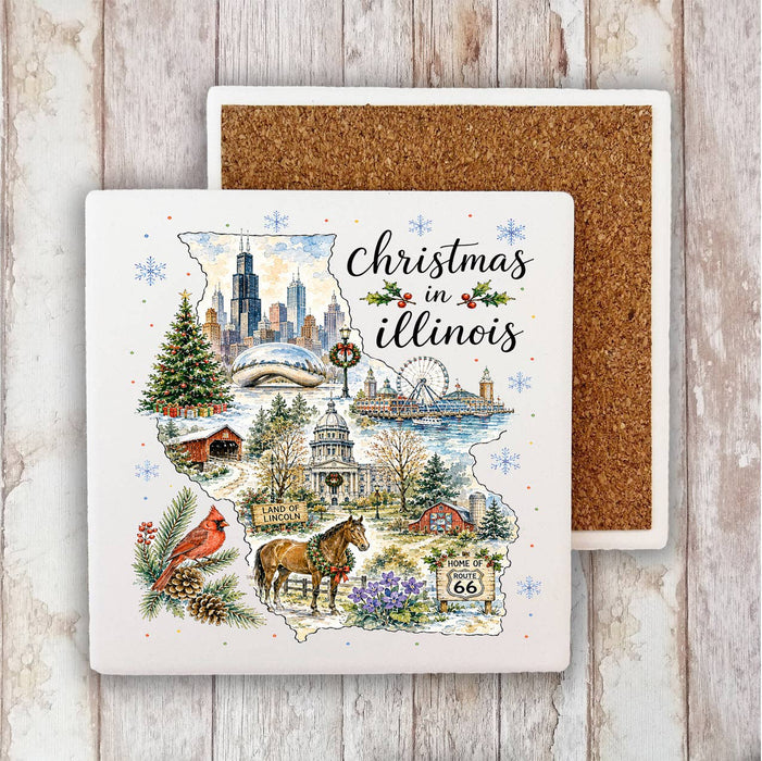 Christmas in Illinois State Map Stone Coaster