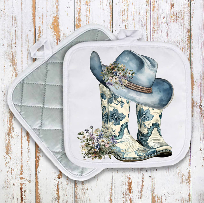 Western Blue & White Cowboy Boots Pot Holder Oven Mitt