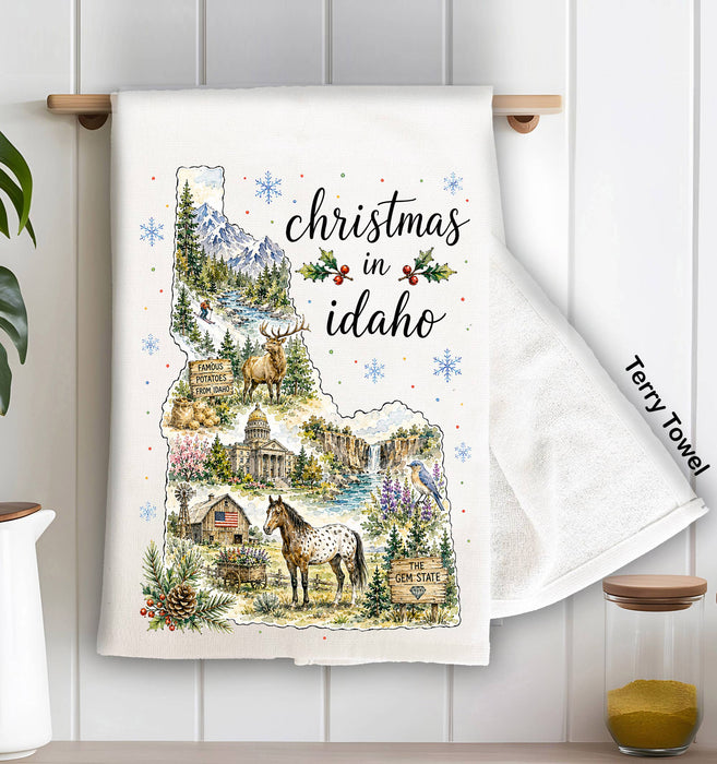 Christmas in Idaho State Map Kitchen Terry Towel