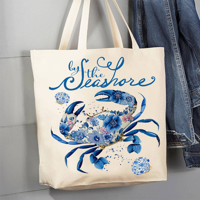 Floral Blue Crab by the Seashore Canvas Tote Bag