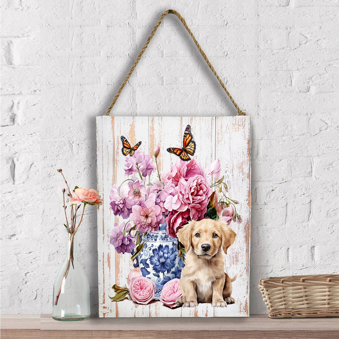 Golden Retreiver Puppy Vase Flowers Wall Decor