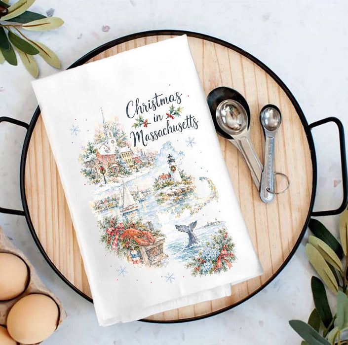 Christmas in Massachusetts State Map Tea Towel