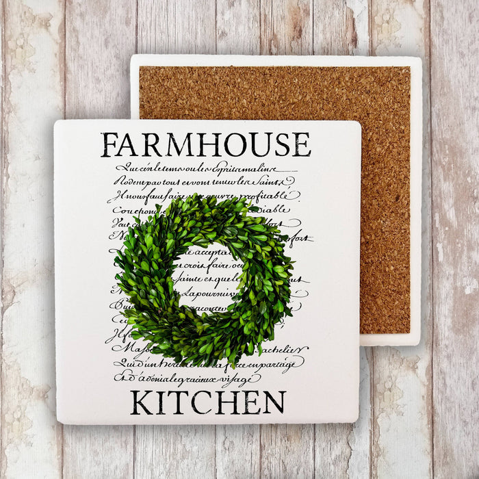 Farmhouse  Boxwood Wreath Stone Coaster
