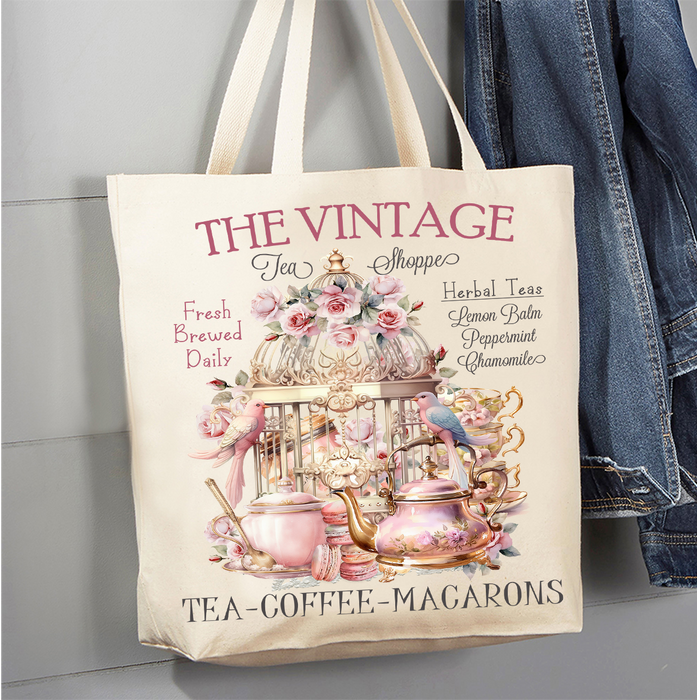 Pink Vintage Tea Shoppe Birds Canvas Tote Bag