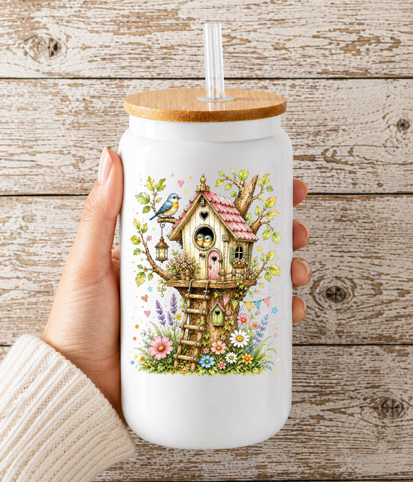 Spring Birds in Birdhouse Flowers Glass Cup