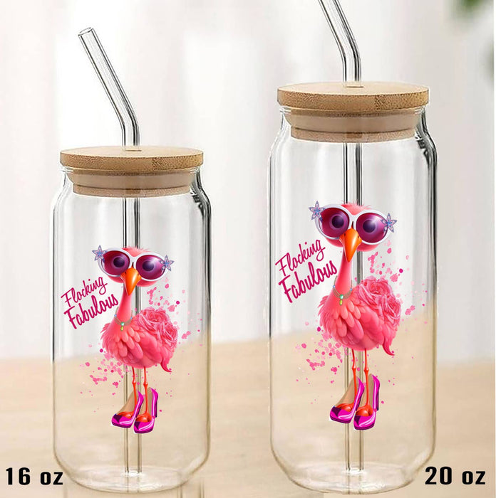 Flamingo Flocking Fabulous Funny Can Glass with Lid Straw