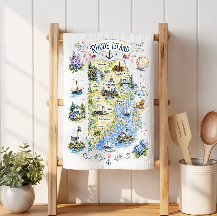 Rhode Island State Map Landmark Waffle Weave Towel