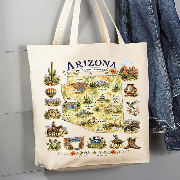 Arizona State Map Landmark Canvas Tote Bag