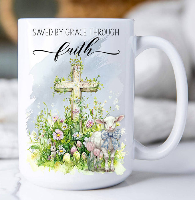 Saved by Grace Easter Lamb Cross Coffee Mug