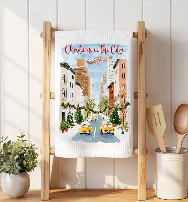 Christmas in the City Taxi Waffle Weave Towel