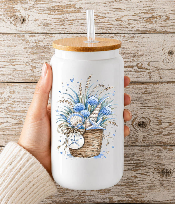 Coastal Blue Baskets of Shells Bouquet Glass Cup