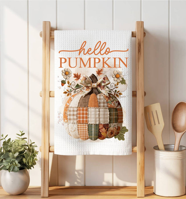 Fall Hello Pumpkin Quilted Patch  Waffle Weave Towel