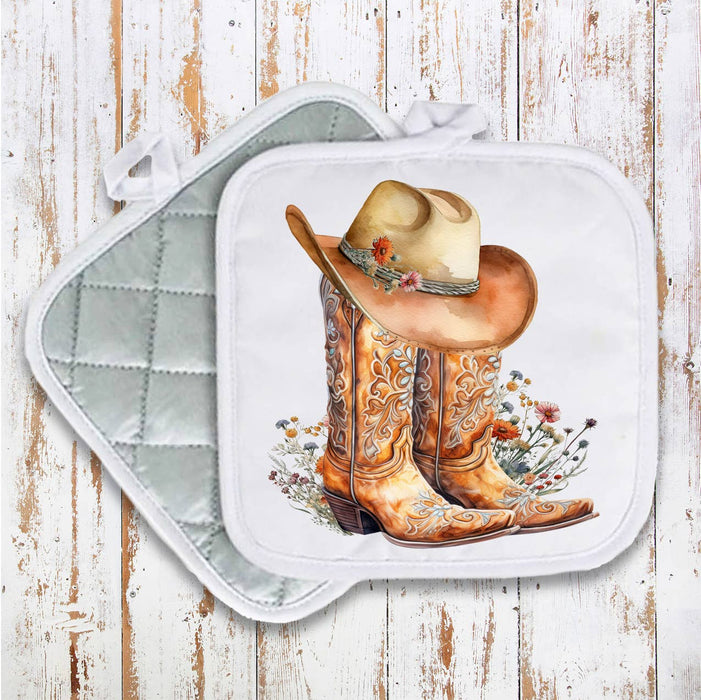 Western Cowboy Boots Country Flowers Pot Holder Oven Mitt