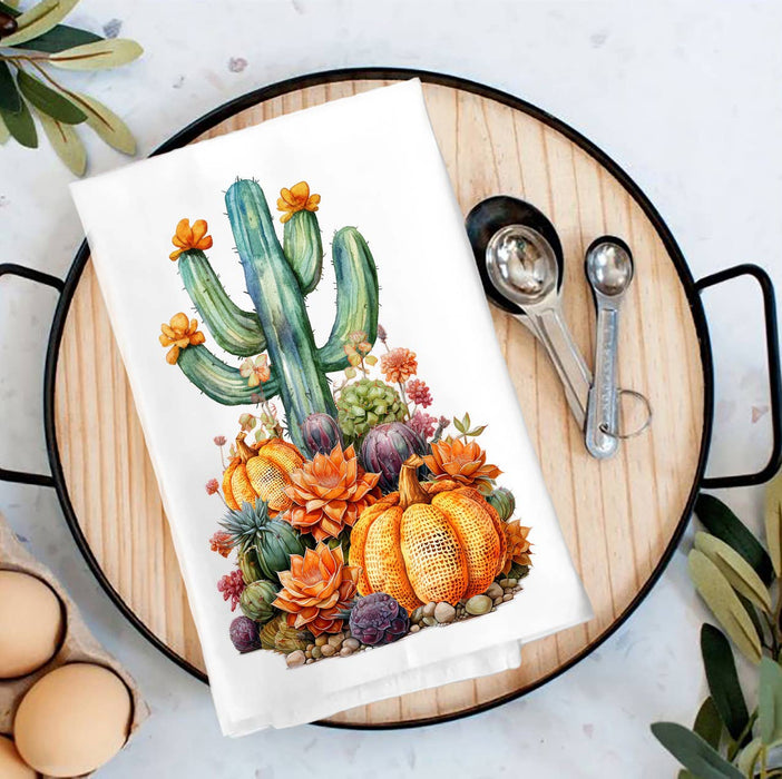 Fall Pumpkin Saratoga Cactus Flowers  Tea Towel