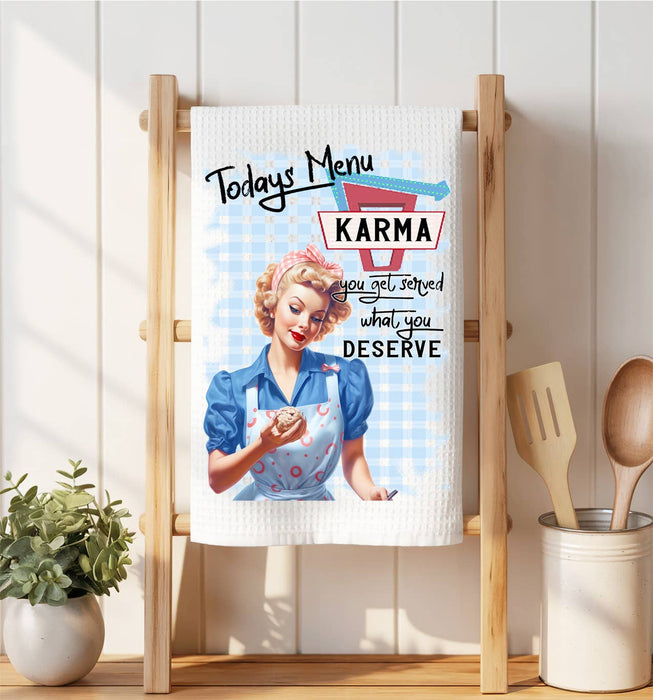 Retro Funny Karma Served Waffle Weave Towel