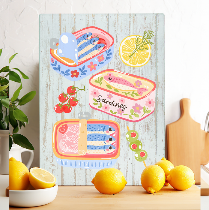 Cute Sardines in Tin fish Coastal Glass Cutting Board Trivet