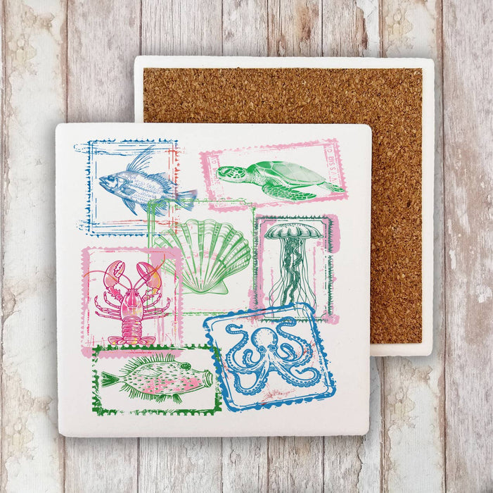 Coastal Beach Collage of Stamps Stone Coaster