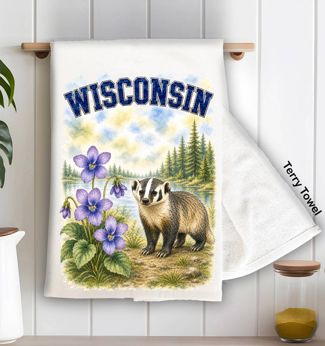 Wisconsin State Bird and Animal Kitchen Terry Towel