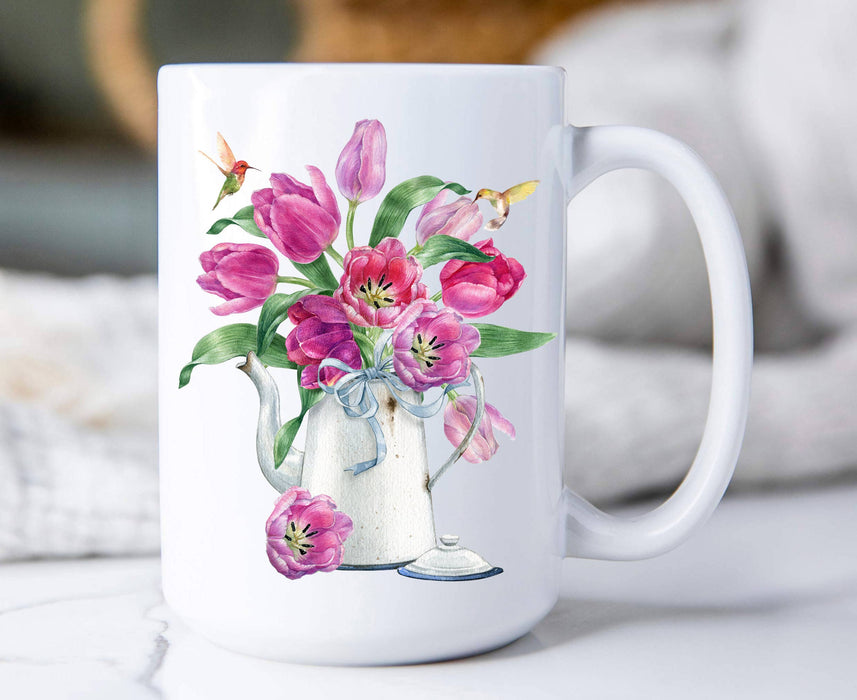 Spring Garden Tulips Humingbirds 15 oz Coffee Mug