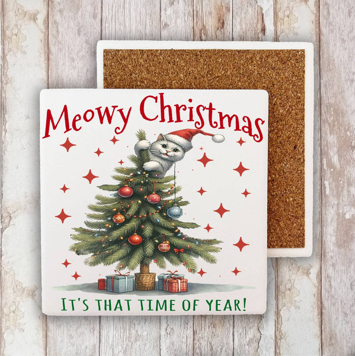 Meowy Christmas Cat Attaching Tree Stone Coaster