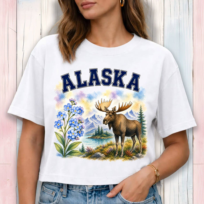 Alaska State Bird and Animal Cropped T-Shirt