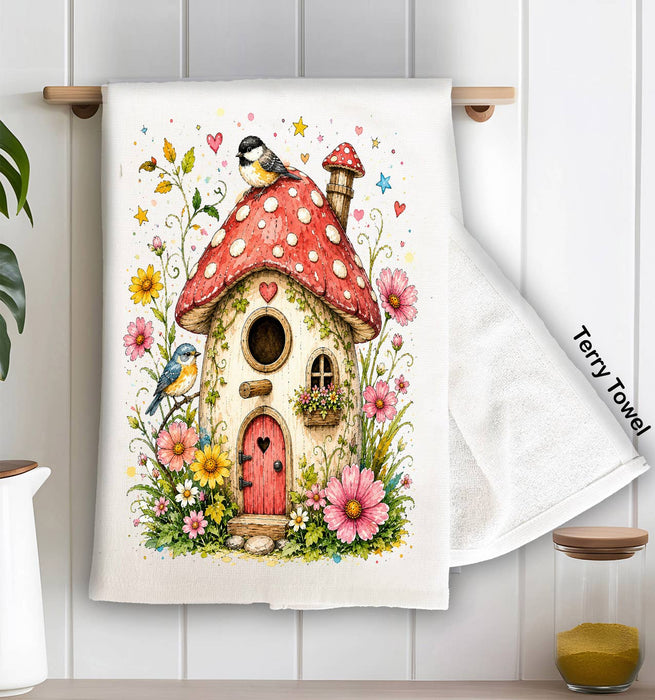 Mushroom Birdhouse Flowers Kitchen Terry Towel