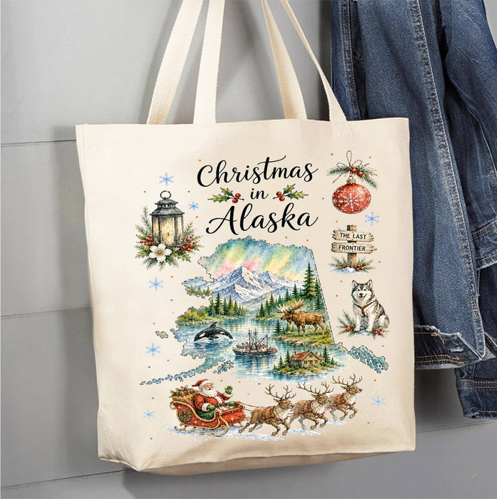 Christmas in Alaska State Map Canvas Tote Bag