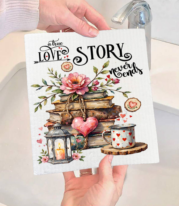 Love Story Never Ends Heart Swedish Dishcloth