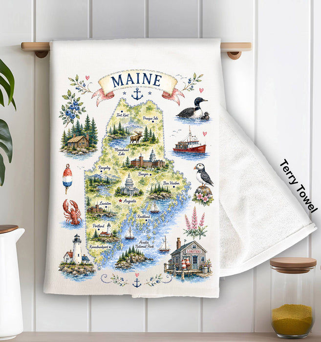 Maine State Map Landmark Kitchen Terry Towel