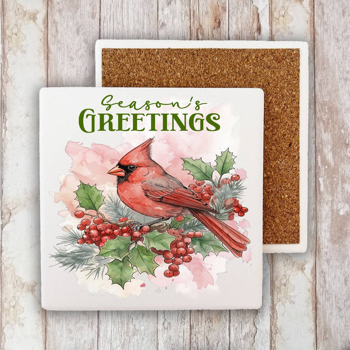 Christmas Seaons Greeting red Cardinal Stone Coaster