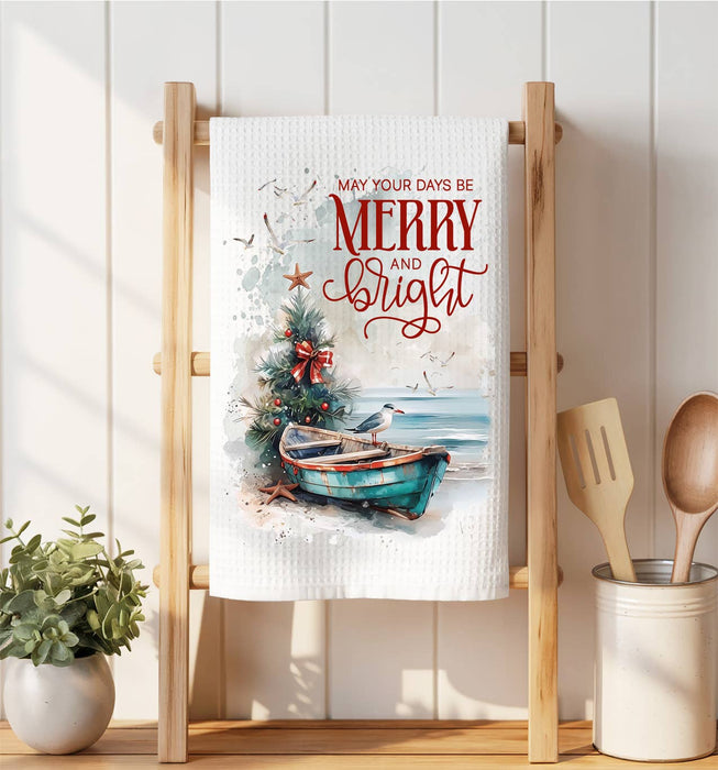 Coastal Christmas Beach Boat Waffle Weave Towel