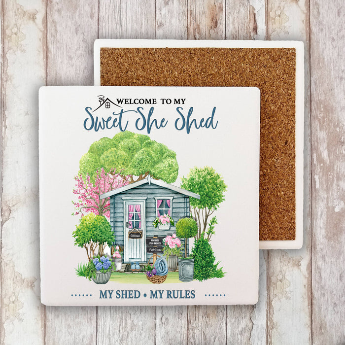 Welcome To My She Shed My Rules Stone Coaster