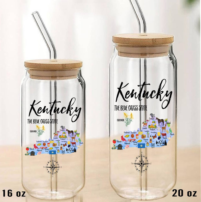 Kentucky State Map Can Glass with Lid and Straw
