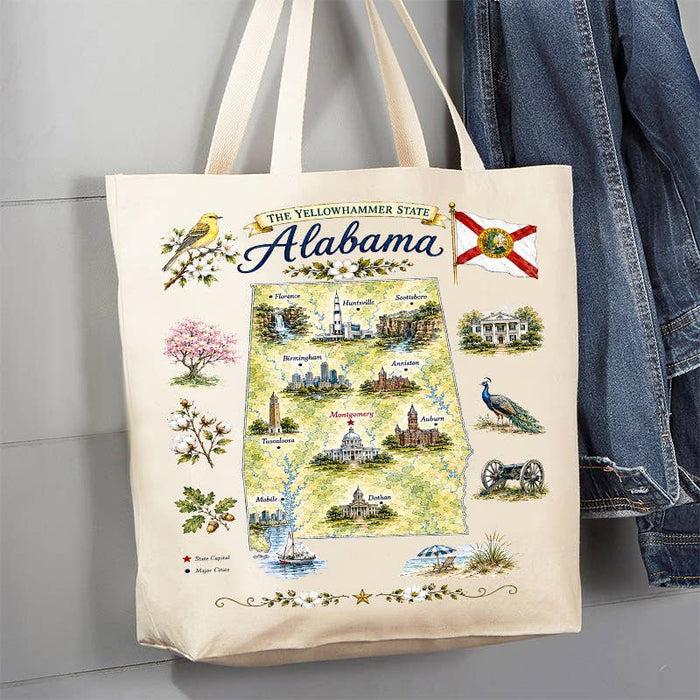 Alabama State Map Landmark Canvas Tote Bag