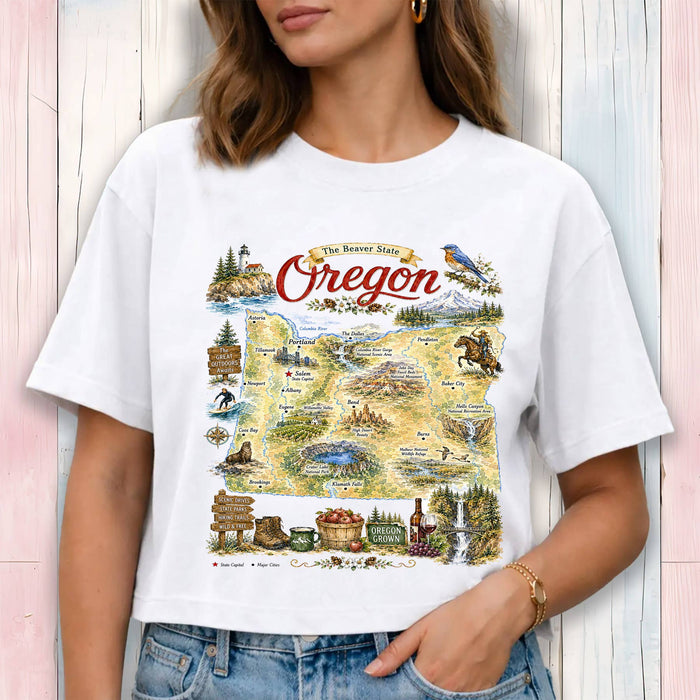 Oregon State Map Landmark Cropped T-Shirt