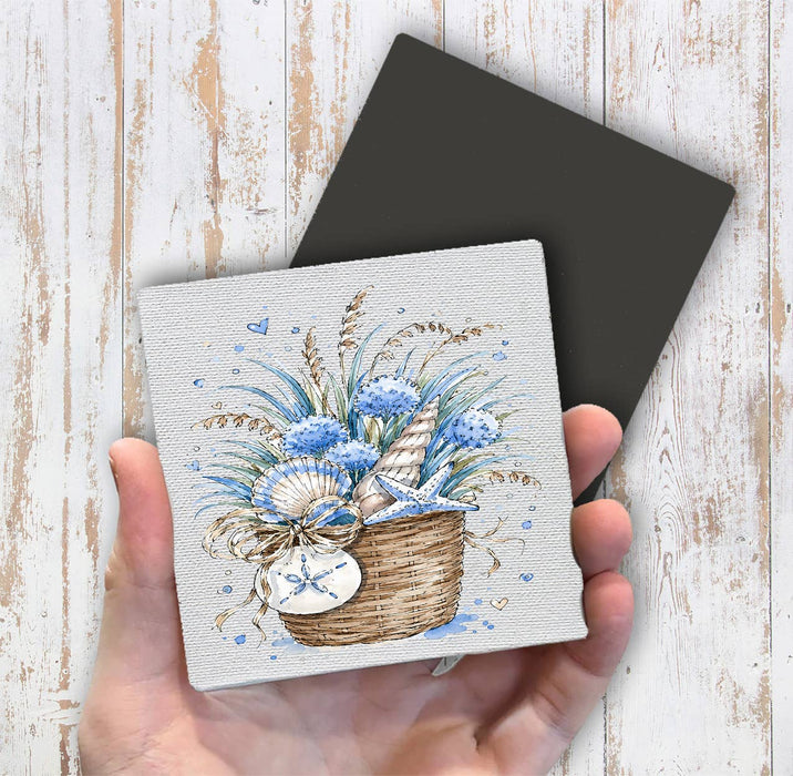 Coastal Blue Baskets of Shells Bouquet Magnet Fridge