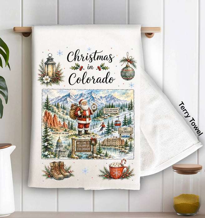 Christmas in Colorado State Map Kitchen Terry Towel