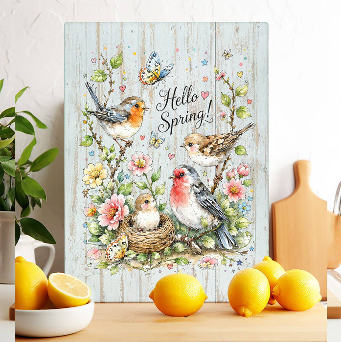 Hello Spring Flowers Birds Glass Cutting Board