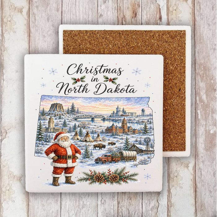 Christmas in North Dakota State Map Stone Coaster