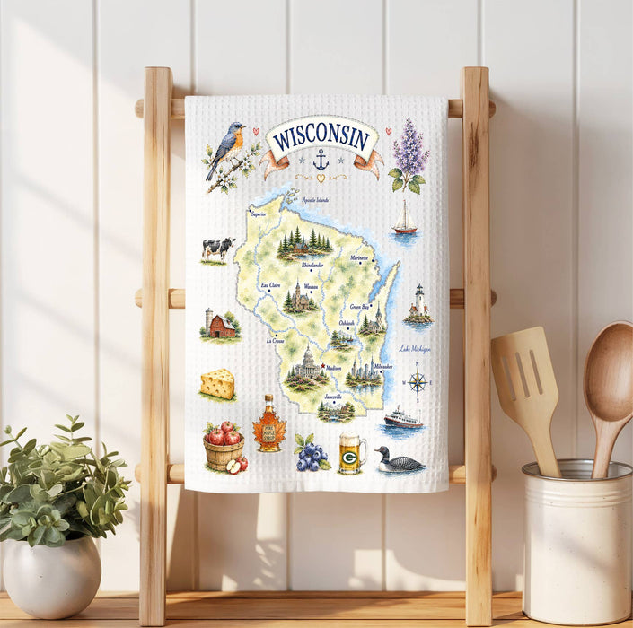 Wisconsin State Map Landmark Waffle Weave Towel