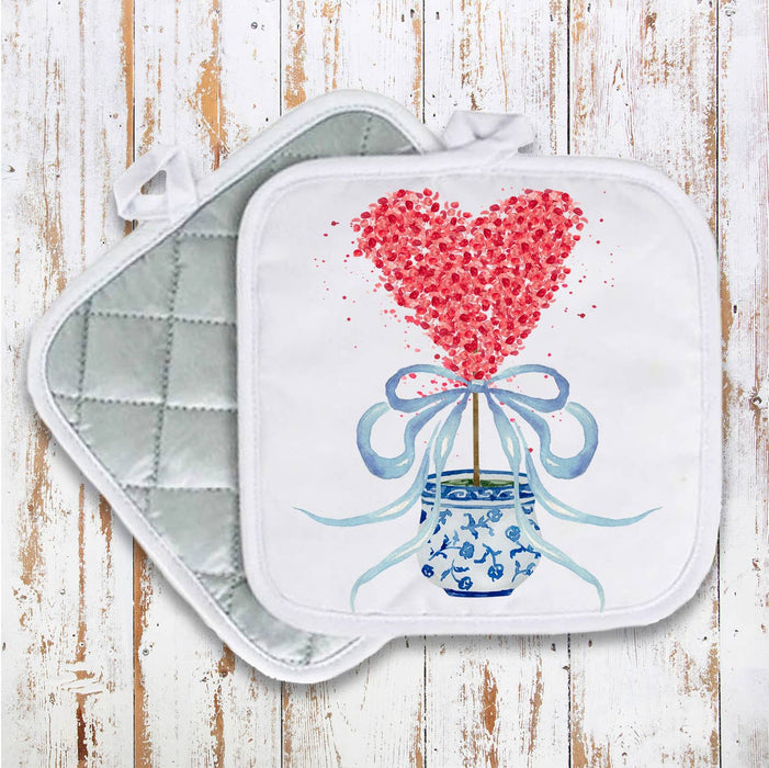 Chinoiserie Blue & White Hearts Topiary Pot Holder Oven Mitt