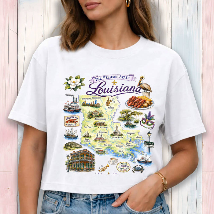 Louisiana State Map Landmark Cropped T-Shirt