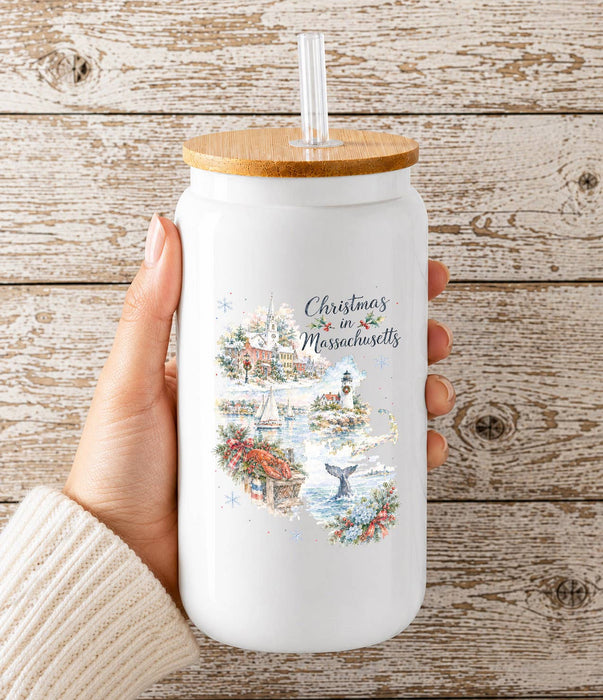 Christmas in Massachusetts State Map Glass Cup