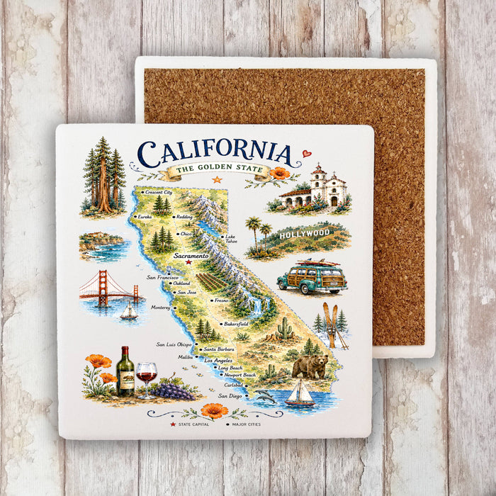 California State Map Landmark Stone Coaster