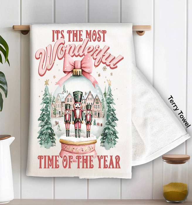 Pink Christmas Nutcracker Snow Globe Kitchen Terry Towel
