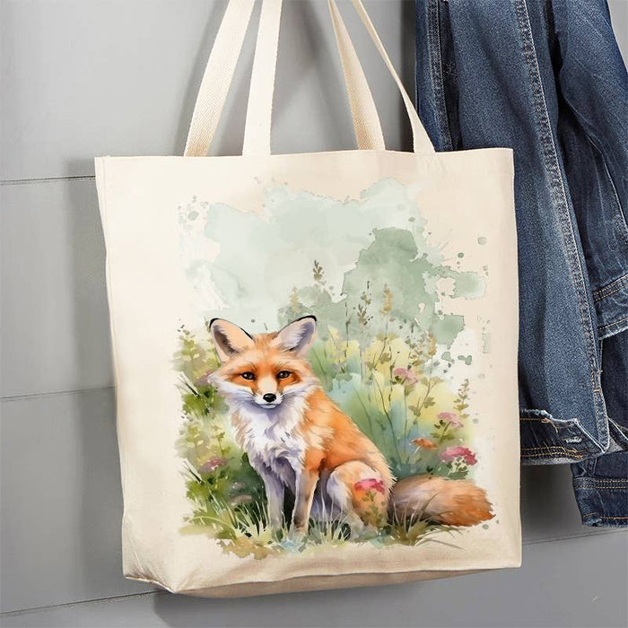 Fox Animal in Grass Flowers Canvas Tote Bag