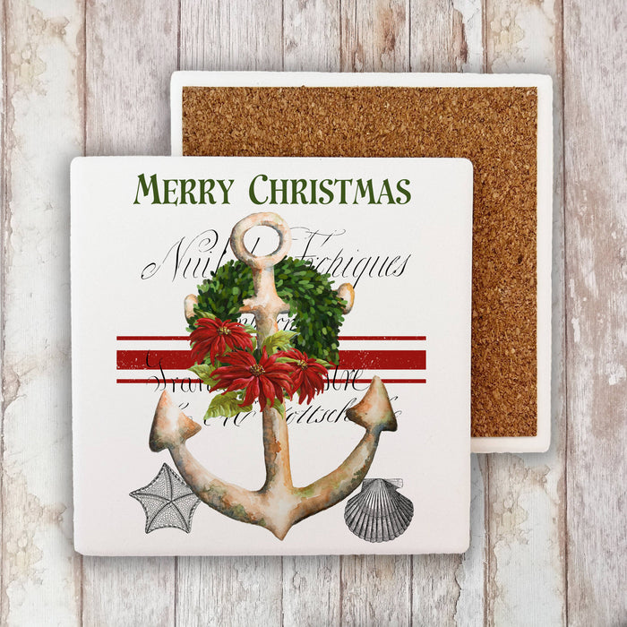 Merry Christmas Anchor Nautical Ocean Stone Coaster
